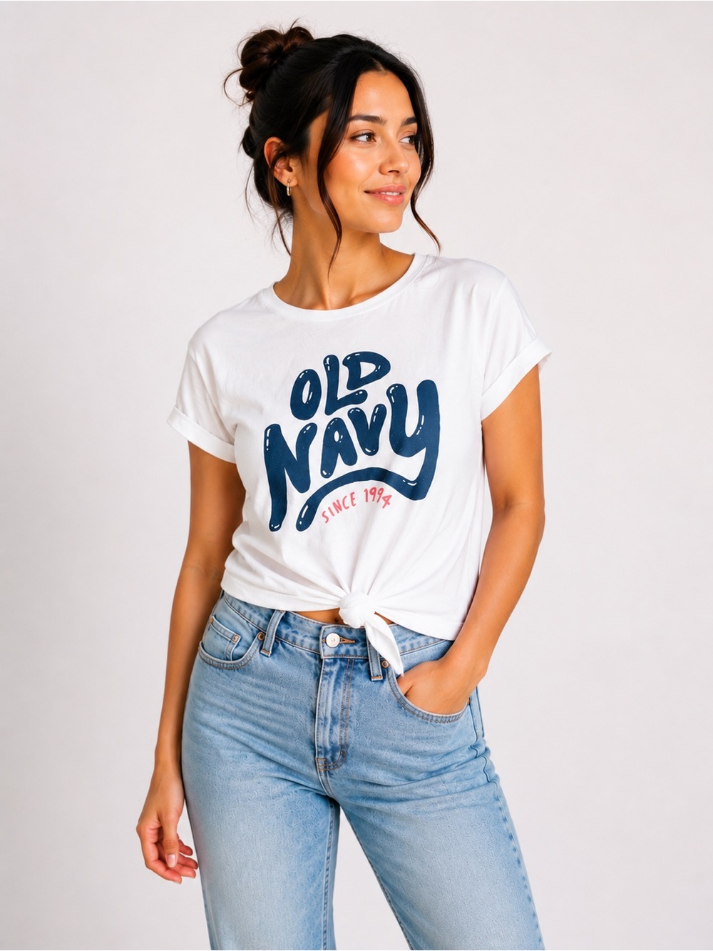 Old Navy White Tee with Navy Logo and Front Tie